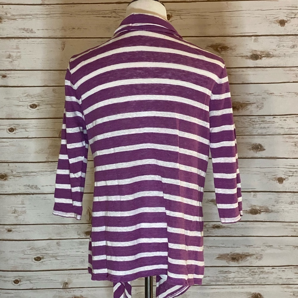 J. Jill purple/white striped linen coastal grandma waterfall cardigan sweater - Picture 4 of 5